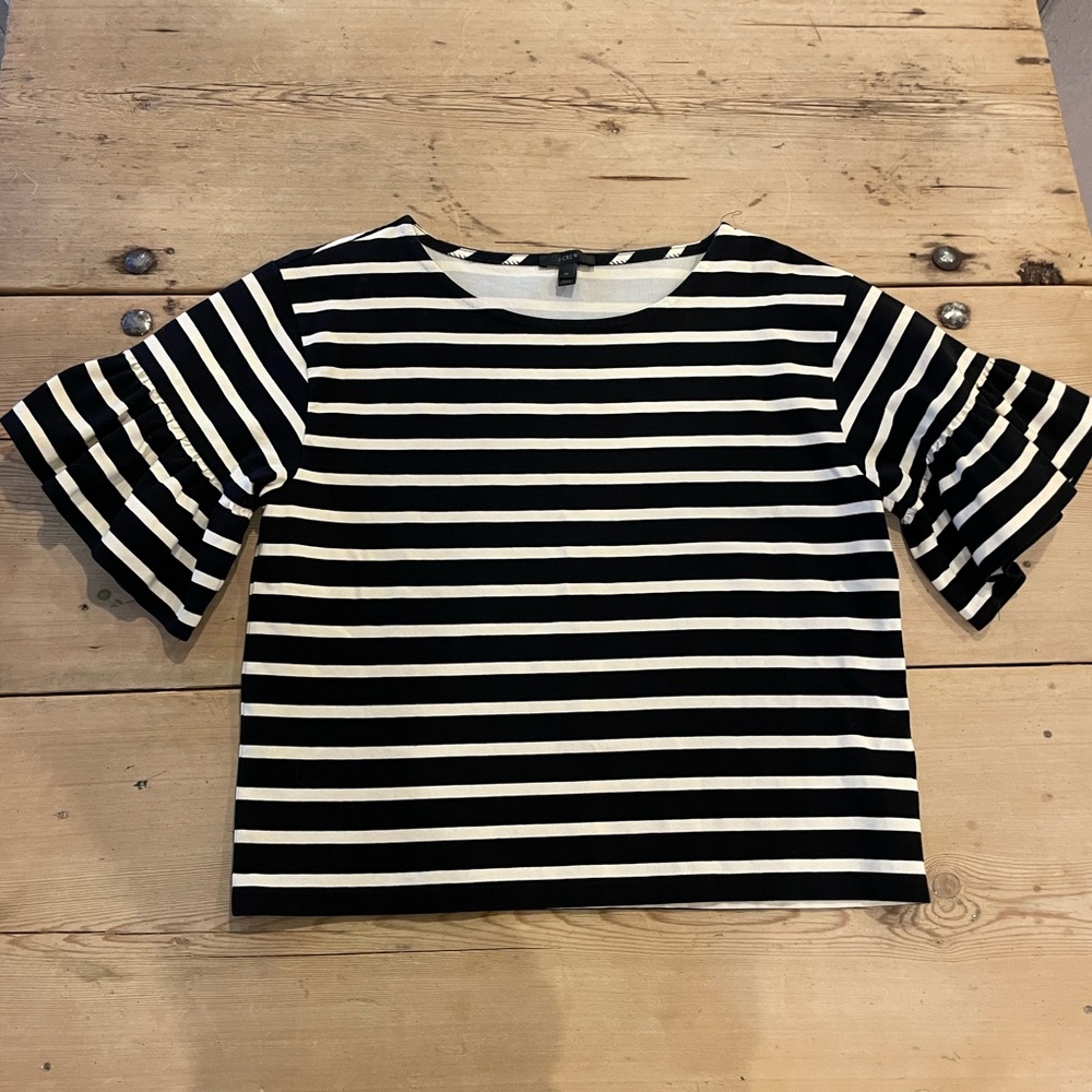 J. Crew Black and White Striped Short  Ruffle Sleeve Top